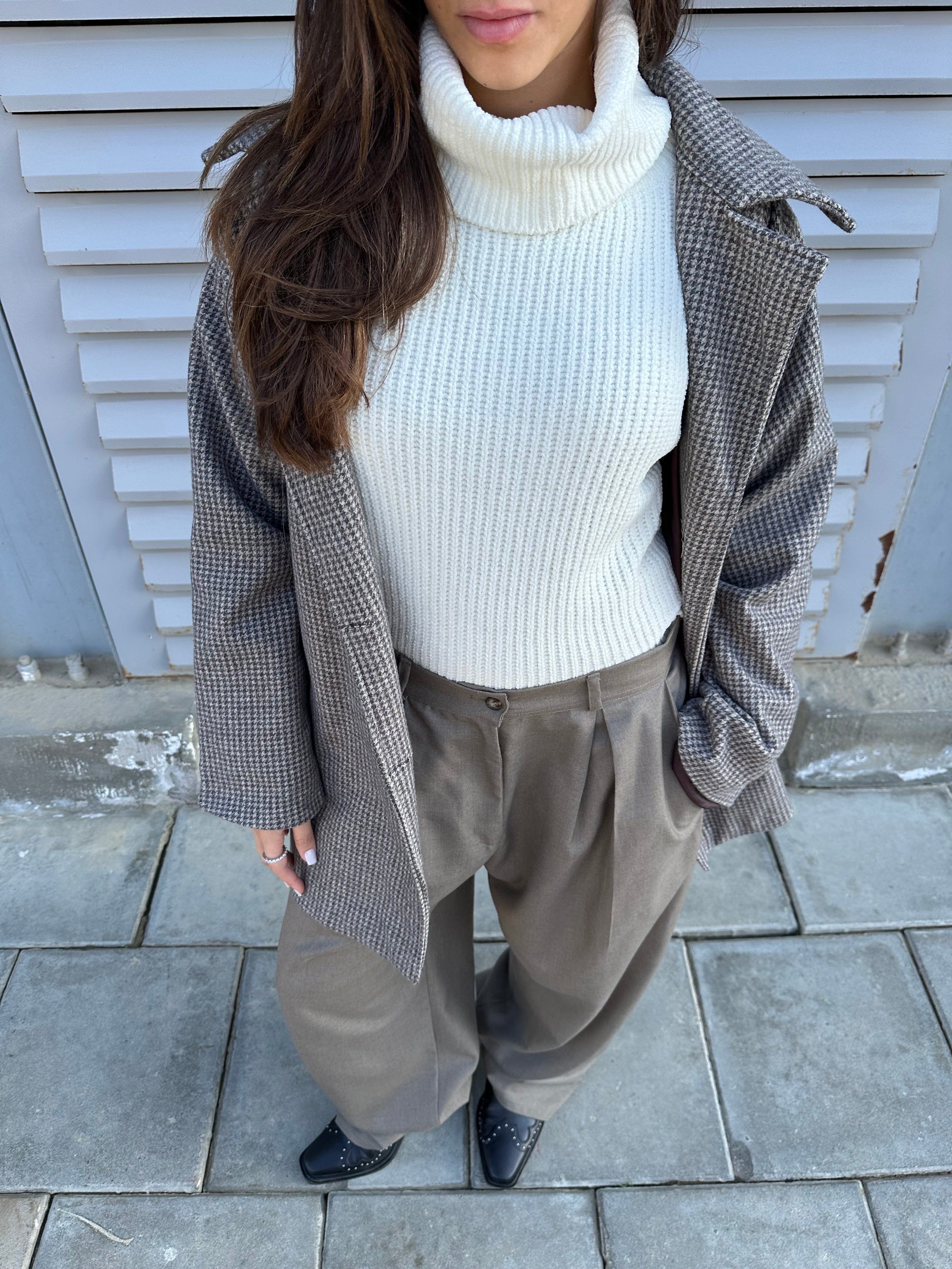 Sandstone Houndstooth Wool Coat