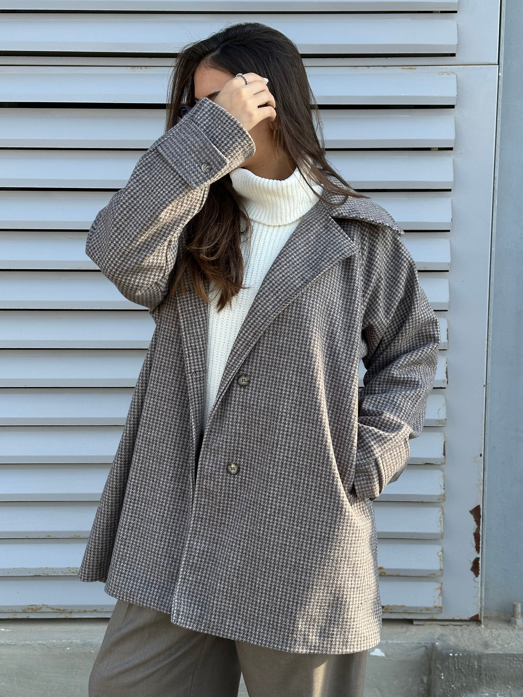 Sandstone Houndstooth Wool Coat